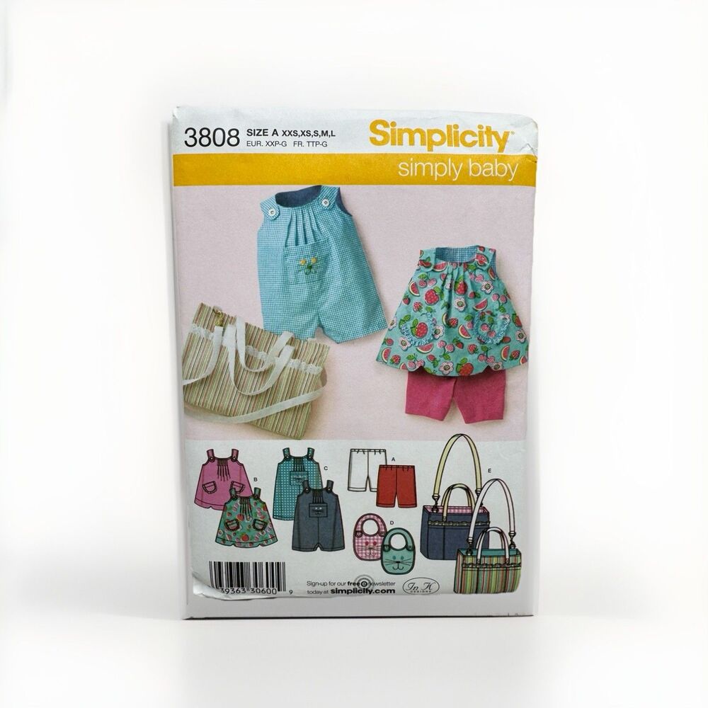 Simplicity 3808 Sewing Pattern Simply Baby Top Romper Bib Diaper Bag Shorts